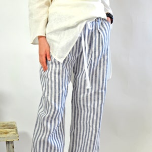 Linen Stripe Pants, Linen Pants, Wide Leg Pants, Women Pants, Linen Clothing, Summer Linen Pants, Beach Linen Pants, Long Pants, Relaxed image 1