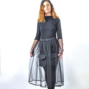 Sheer Tulle Skirt with Black Front Pockets – Transparent Overlay Skirt with Elastic Waist – Edgy Layering Skirt – Handmade Statement Fashion
