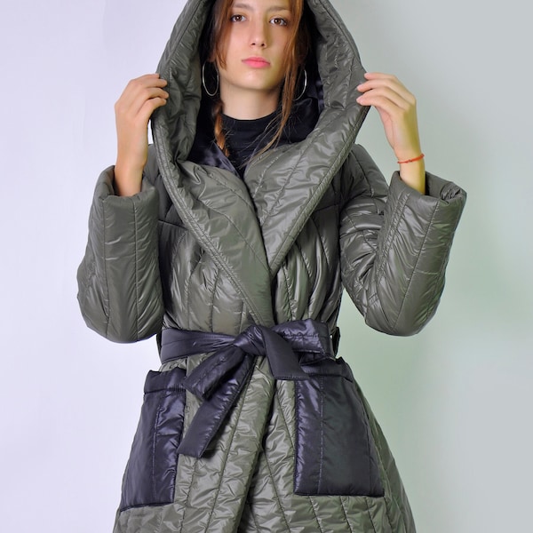 Doudoune d'hiver à capuche, Manteau olive pour femmes, Maxi manteau matelassé, Doudoune vert olive, Manteau chaud avec ceinture, Maxi manteau bouffant,