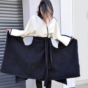 Outerwear for Women, Wool Cloak, Cape Coat, Plus Size Wool Coat, Black and White Design, Oversized Winter Coat, Cape Coat, Fleece Jacket