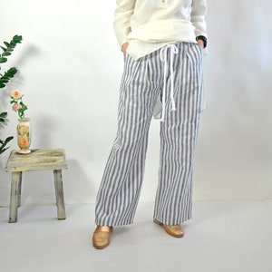 Linen Stripe Pants, Linen Pants, Wide Leg Pants, Women Pants, Linen Clothing, Summer Linen Pants, Beach Linen Pants, Long Pants, Relaxed image 2