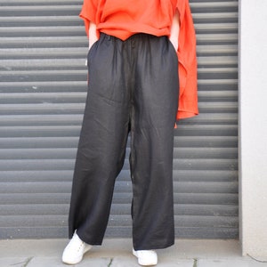 Linen Trouser Pants, Black Plus Size Pants, Linen Palazzo Pants, Wide Leg Elastic Waist Pants, Flared Linen Minimalist Pants, Loose Pants
