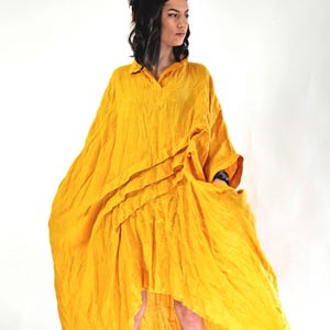 Asymmetrical Linen Tunic Dress, Mustard Yellow Boho Caftan, Pleated Front Maxi Shirt