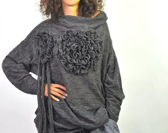 Gray Wool Sweater With Knitted Rose, Plus Size Tunic