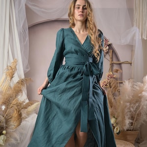 Dark Green Linen Dress for Women, Summer Linen Dress, Prom Linen Dress, Plus Size Linen Dress, Wrap linen Dress, Wedding Guest Linen Dress