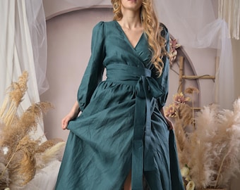 Emerald Linen Dress, 100% Wrap Design with Pockets and Ruffled Hem