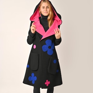 Manteau d&#39;hiver noir à capuche, Manteau en laine mérinos, Manteau en laine noir, Manteau d&#39;hiver en laine, Manteau à capuche, Manteau long chaud, Vêtements pour femmes, Veste urbaine