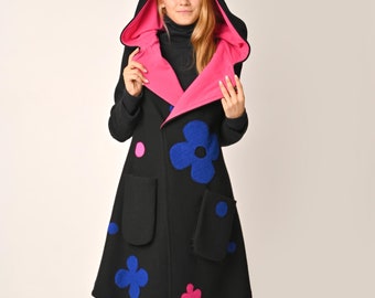 ブラックフード付きウールコート 黒 ウール フード付きコート