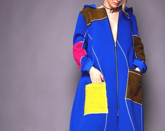 Abrigo de lana con patchwork y capucha, chaqueta de invierno extravagante para mujer, abrigo artístico con cremallera, prenda de abrigo cálida de estilo bohemio hecha a mano.
