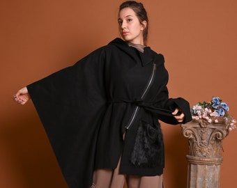 Frühling Schwarzes Cape, Frauen Schwarzes Cape Mantel, Frühling Kleidung, Plus Größe Cape, Poncho Cape, Gothic Kleidung, Frühlingskleidung, Woll Cape, Gabygakleidung