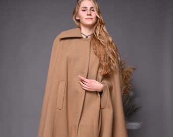Beige Cape Poncho For Women, Winter Cape Coat, Plus Size Clothing, Maxi Wool Cape, Camel Cape Coat, Oversize Coat, Winter Clothing