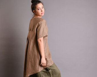 Túnica de lino para mujer, camisa larga de verano, top asimétrico de talla grande