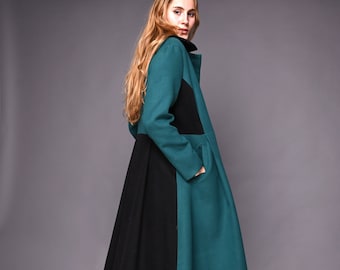 Wool Green Overcoat, Wool Coat Women's, Long Winter Coat for Women, Merino Wool Coat, Patchwork Coat, Extravagant Coat, Designer Coat