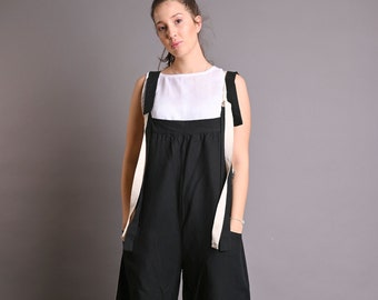 Jumpsuit Women, Linen Jumpsuit, Black Linen Overall, Wide Leg Jumpsuit, Strap Linen Jumpsuit, Linen Dungarees, Linen Clothing, Long Jumpsuit