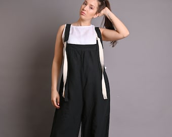 Jumpsuit Women, Linen Jumpsuit, Black Linen Overall, Wide Leg Jumpsuit, Strap Linen Jumpsuit, Linen Dungarees, Linen Clothing, Long Jumpsuit
