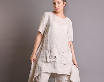 Linen Tunic And Pants Set, Summer Linen Outfit For Women, Bohemian Linen Set, Beach Linen Suit, Linen Clothing, Wide Leg Linen Outfit