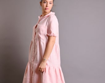 Rose linnen jurk, Italiaanse linnen jurk, zomerjurk, plus size linnen jurk, losse linnen jurk, vrouwen linnen jurk, kraag linnen jurk, Gabyga