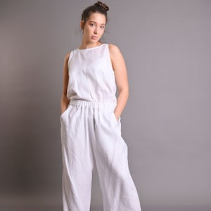 White Linen Outfit, White Linen Set, Wide Leg Pants Set, Linen Clothing, Harem Pants Set, Linen Pants Set, Sleeveless Outfit, Beach Linen