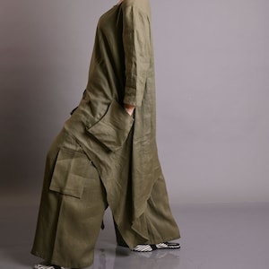 Military Green Outfit, 2 Piece Linen Set, Tunic And Pants Outfit, Linen Clothing, Linen Beach Set, Women Linen Costume, Maxi Linen Outfit