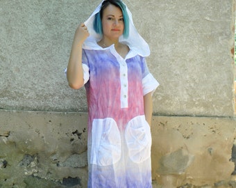 Hooded Summer Dress, Long Loose Linen Dress, Maxi Dress, Linen Kaftan, Rose Purple Dress, Tie Dye Linen Dress, Tunic Dress with Hood