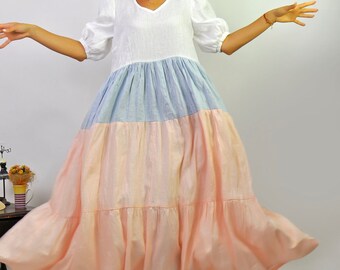 Unique Linen Floor Length Multicolor Dress, Modern Plus Size Kaftan, Casual Flounce Dress, Oversized Linen Dress, Vintage Inspired Kaftan
