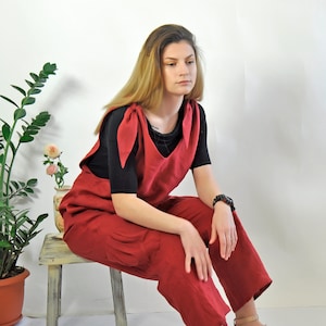 Boho Red Linen Jumpsuit, Oversized Dungarees, Linen Overalls Women, Plus Size Pinafore Jumpsuit, Baggy Linen Jumpsuit, Apron Jumpsuit
