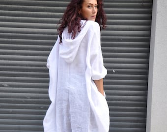 Linen Hoodie Tunic, White Linen Tunic, Oversized Asymmetrical Tunic, Plus Size Clothing, Long White Linen Top, Women's Linen Top, Gabyga