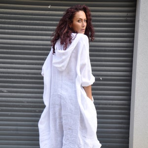 Linen Hoodie Tunic, White Linen Tunic, Oversized Asymmetrical Tunic, Plus Size Clothing, Long White Linen Top, Women's Linen Top, Gabyga