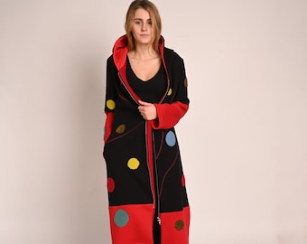 Black Trench Coat With Dots, Long Rain Coat For Women, Plus Size Clothing, Women Trench Coat, Winter Spring Clothing, Extravagant Coat