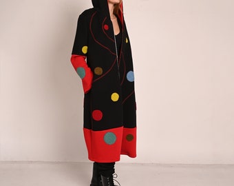Black Trench with Hood, Long Quilted Women Outerwear, Plus Size Fashion, Fall Winter Extravagant Clothing Design
