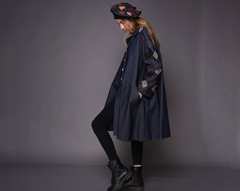 Women Denim Coat With Buttons - Japanese Style Kimono Coat - Patchwork Coat Extravagant