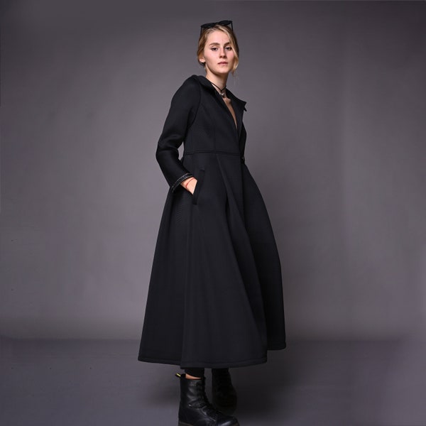 Black Trench Coat, Neoprene Princess Coat, Spring Rain Coat, Black Long Jacket, Plus Size Winter Coats, Outerwear Coat, Maxi Coat, Gabyga