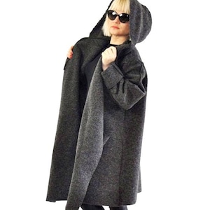 Gray Wool Coat with Hood and Belt, Everyday Fall Winter Coat, Minimalist Casual Women’s Wool Coat with Pockets, Grey Casual Coat, Maxi Coat