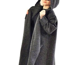 Gray Wool Coat with Hood and Belt, Everyday Fall Winter Coat, Minimalist Casual Women’s Wool Coat with Pockets, Grey Casual Coat, Maxi Coat