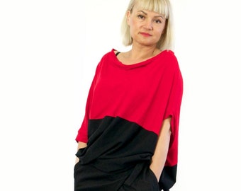 Loose Blouse, Red And Black Blouse, Asymmetrical Blouse, Short Sleeve Blouse,  Drape Tunic, Party Tunic, Two Colors Blouse, Designer Blouse