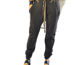 Drop-Crotch Cotton Harem Pants, Loose Oversized Women’s Trousers with Pockets, Boho Casual Boutique Pants for Fall Winter, Brown Trousers