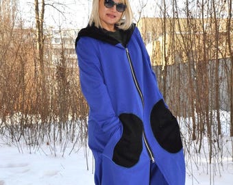 Royal Blue Fleece Cotton Coat, Hooded Long Winter Coat for Women, Warm Plus Size Outerwear, Handmade Zipper Jacket, Winter Maxi Long Coat
