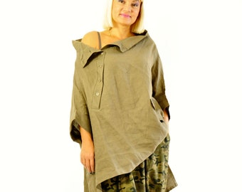 Extravagantes Leinenhemd, Plus Größe Khaki Leinenhemd, Oversized Top, Militärgrün Hemd, Lockere Leinen Tunika, Leinen Kleidung,Tunika Top Leinen