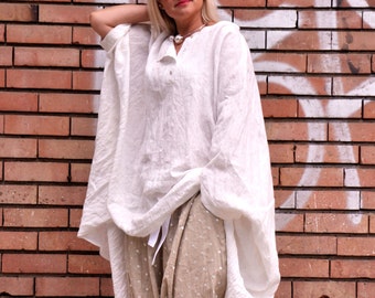 White Linen Shirt, Long Loose Fit Top for Women, Breathable Natural Summer Clothing