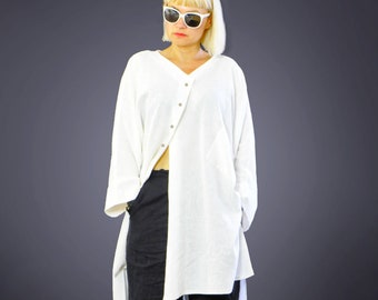 Asymmetrical White Linen Summer Shirt for Women, Artistic Natural Top, Raglan Sleeves, Boho Loose Fit Top, Sharp Neckline, Linen Clothing