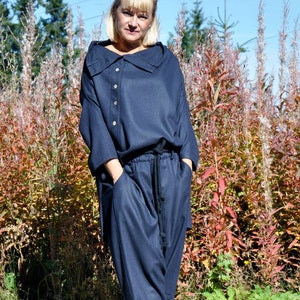 Wool Harem Pants & Asymmetric Tunic Blouse Set, Wool Clothing, Plus Size Suit Women, Tunic Pants Set, Winter Wool Outfit, Loose Pants Top dark blue