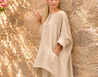 Beige Leinen Tunika-Oberteil im asymmetrischen Stil, natürliches übergroßes Hemd, plus Größenkleidung