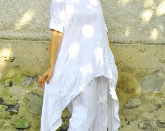White Linen Tunic Dress, Asymmetric Beach Top in Natural Plus Size Options Available