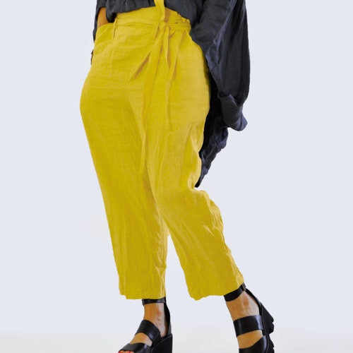 Linen Pants Yellow Pants Drop Crotch Pants Harem Pants - Etsy