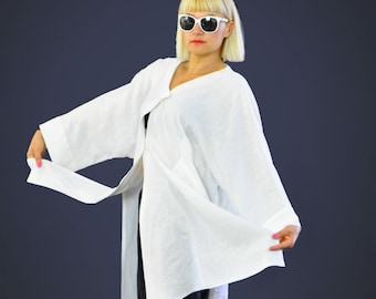 Asymmetrisches weißes Leinenhemd für Frauen, künstlerischer natürlicher Sommer Boho Loose Fit Top
