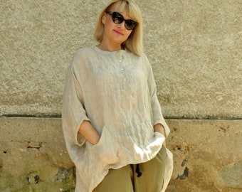 Linen Tunic, Beige Loose Top, Oversize Linen Button Up Shirt, Plus Size Tunic, Long Linen Tunic, Maxi Tunic Women, Linen Clothing