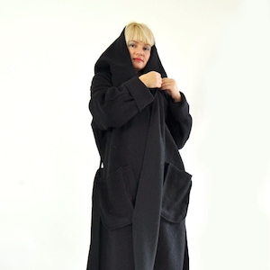 Manteau en laine, manteau long, manteau long en laine, manteau grande taille, manteau en laine noir, vêtements oversize, manteau pour femme, manteau à capuche noir, manteau chaud à capuche