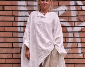 Maxi tunique en lin, tunique oversize en lin, chemise blanche d'été, tunique asymétrique, vêtements en lin grande taille, extravagante robe tunique ample blanche