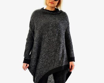 Handgemachte Asymmetrische Wolle Tunika Pullover, Plus Größe Grau Winter Kleidung