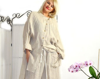 Loose Linen Shirt and Pants Set for Women, Asymmetric Linen Top, Elastic Waist Trousers, Handmade Summer Outfit